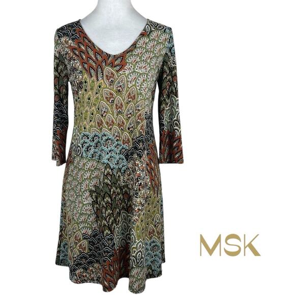 MSK Brown Orange Tan Peacock Print Boho Hippie Festival Dress NWOT Size M - Picture 2 of 13
